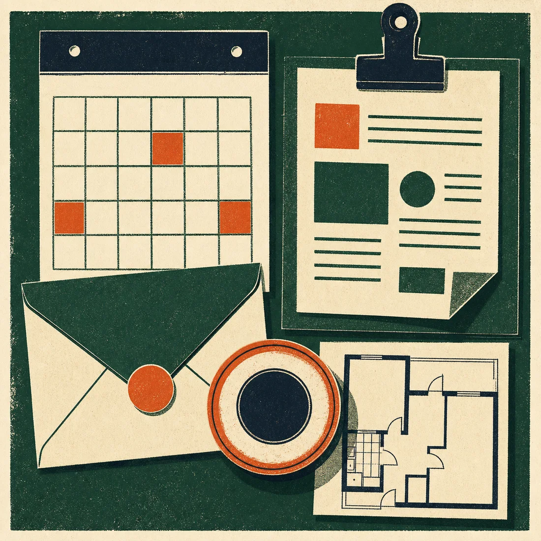 Screenprint-style calendar, clipped notice, envelope, date stamp, and apartment floor plan