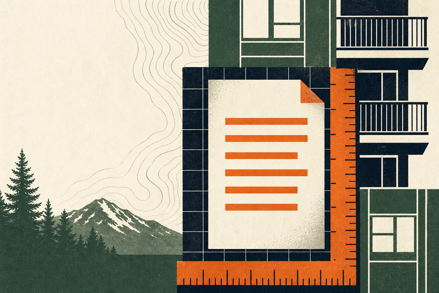 Screenprint-style apartment, rent notice, ruler, mountains, and topographic lines
